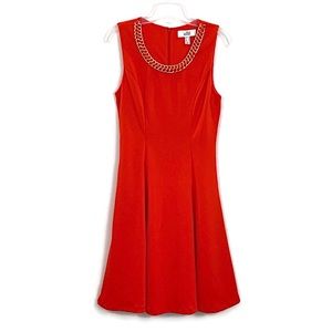 Belle Badgley Mischka Orange red Sleeveless Dress with gold chain neckline